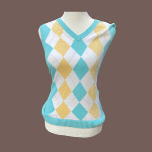 IZOD Argyle Knit Vest | Blue Yellow Cotton | Size S | Vintage